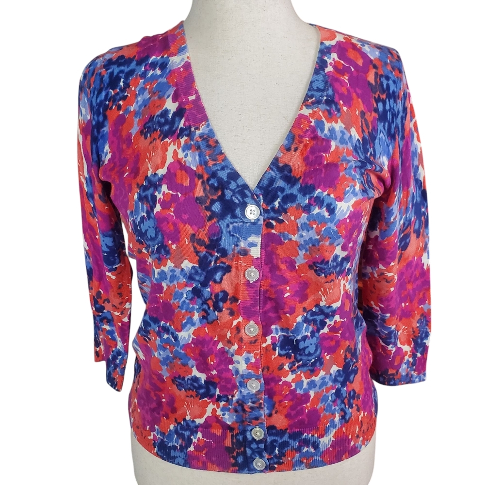 Talbots Floral V-neck 3/4 Sleeve Button Carigan Spring Colorful Girly Preppy